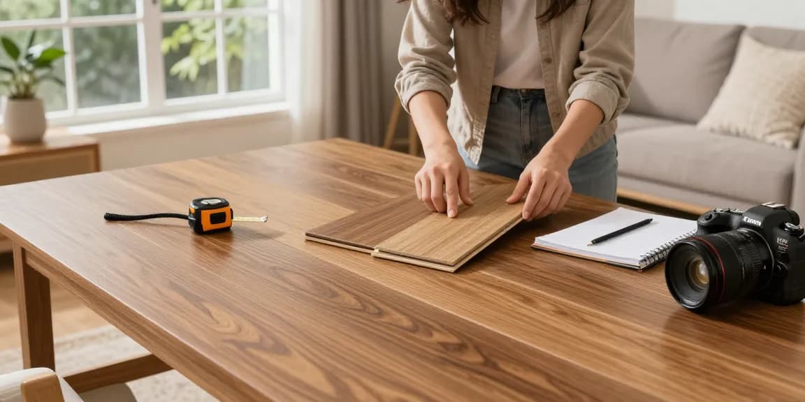 Laminate flooring experts assessing wood samples in a cozy living room setting.