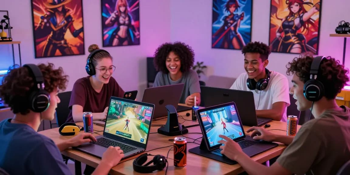 Enjoying a free hentai game on multiple devices in a vibrant gaming room with excitement and neon lighting.