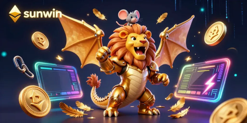 Experience the thrilling world of sunwin with a golden chimera and cryptocurrency elements in a vibrant casino scene.