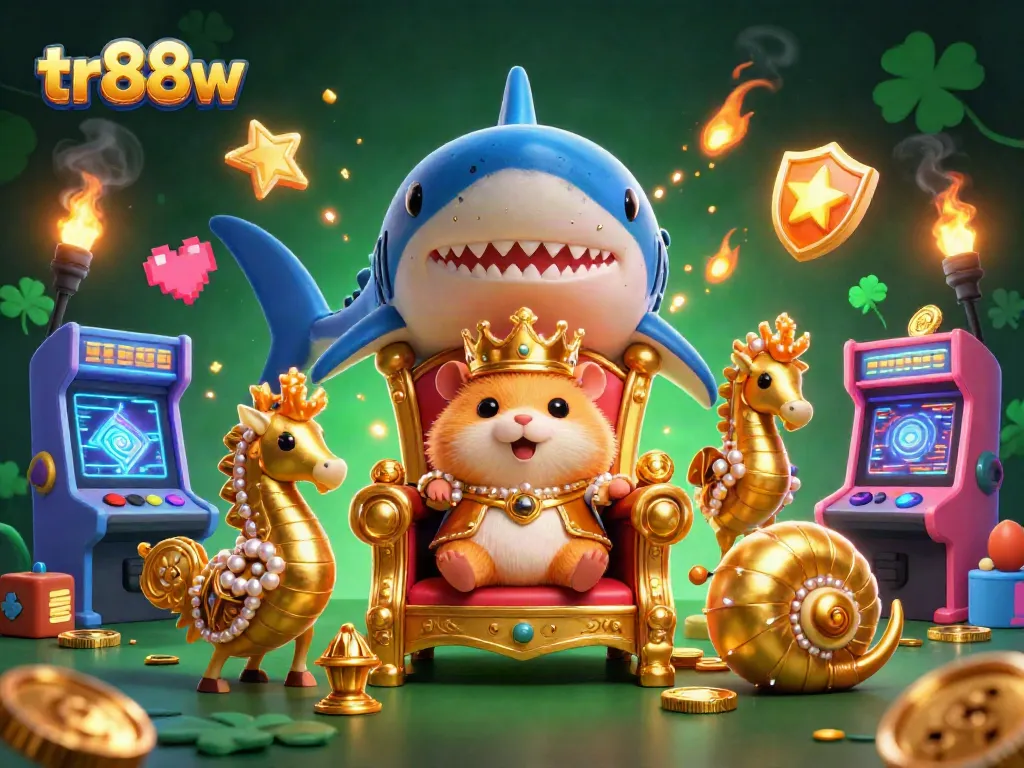 Experience excitement at tr88w as the golden hamster king rules the casino kingdom surrounded by vibrant game elements.