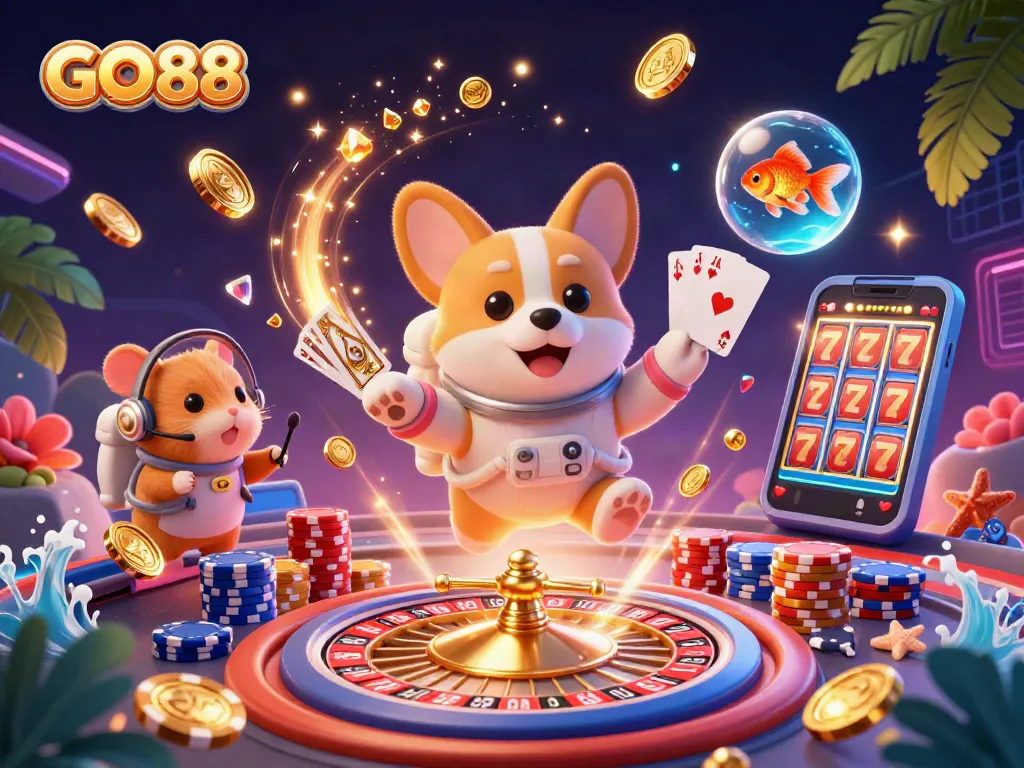 Experience GO88 with a playful astronaut corgi in a cosmic casino, featuring vibrant game elements.