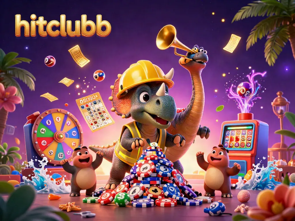 Hitclubb showcases a dazzling celebration of gambling with a triceratops building poker chip pyramids and vibrant lottery elements.