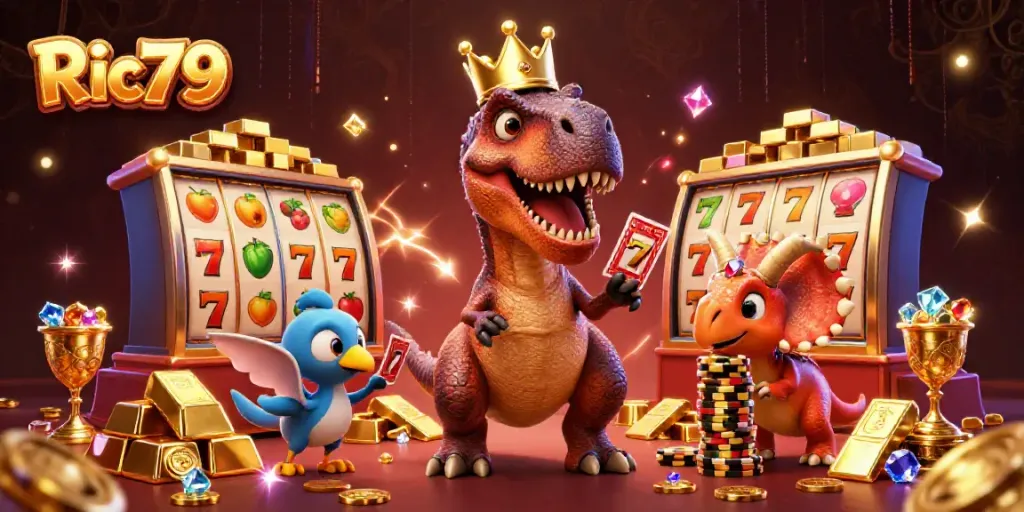Engage with Ric79 while a friendly T-Rex shuffles cards, surrounded by vibrant casino elements.