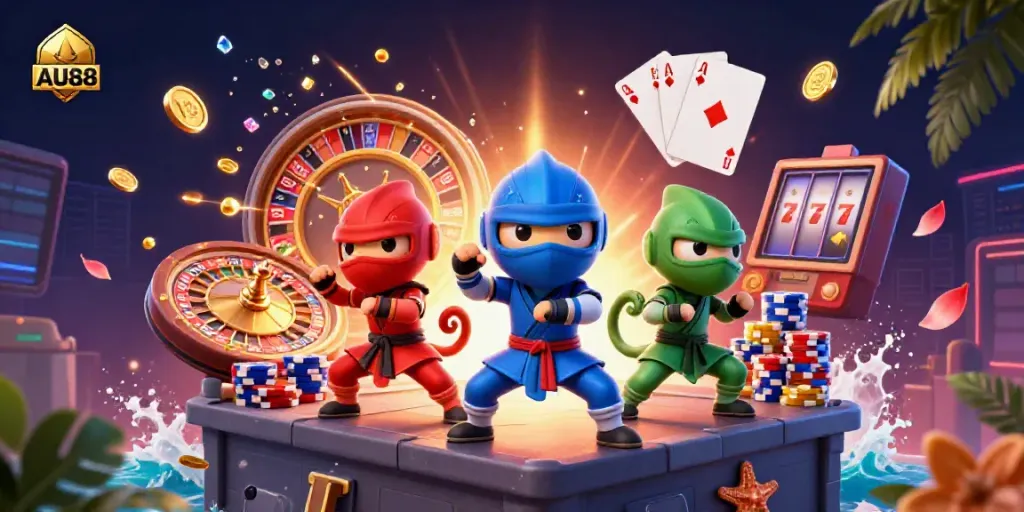 Experience the excitement of AU88 with vibrant casino games and animated chameleons in action.