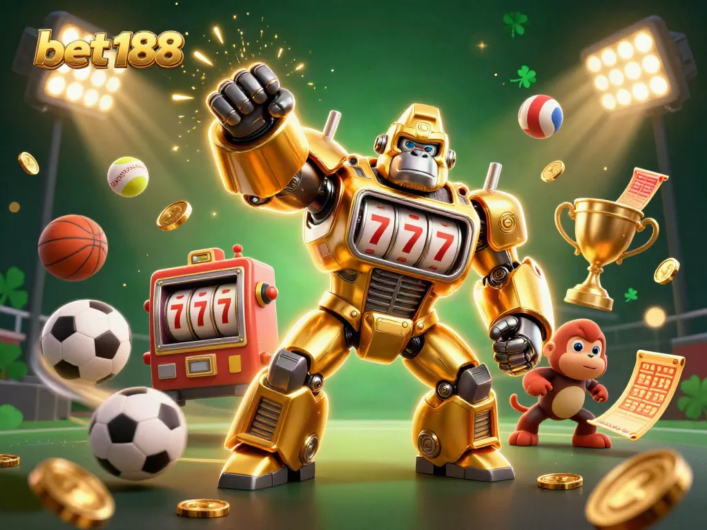 Bet188 gaming illustration with a golden gorilla mech and dynamic sports elements bursting in action.