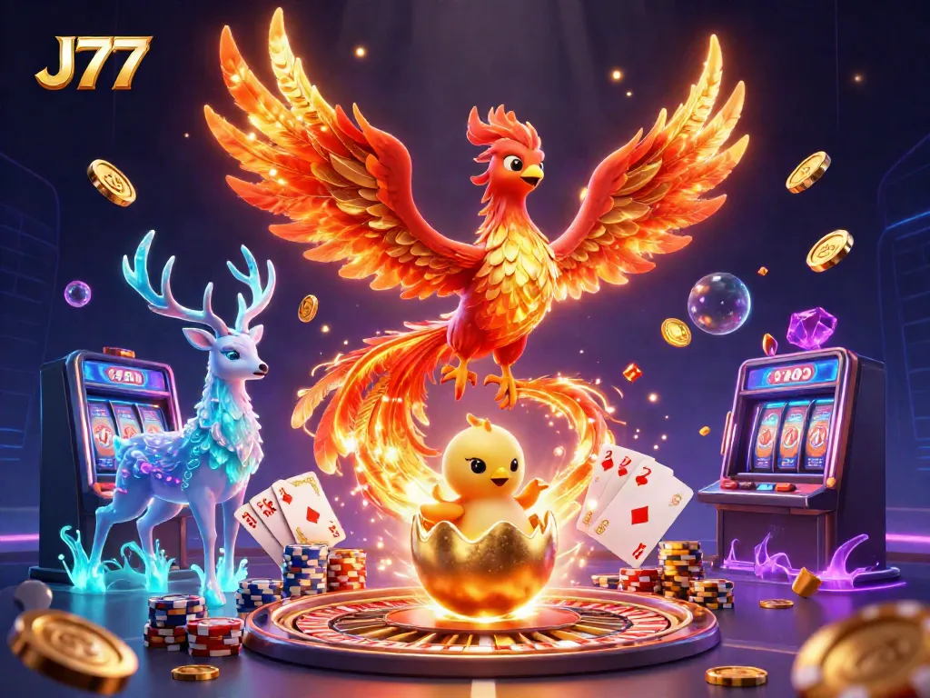 Experience the excitement of J77 with a phoenix, baby chick, and stag amidst vibrant casino elements.