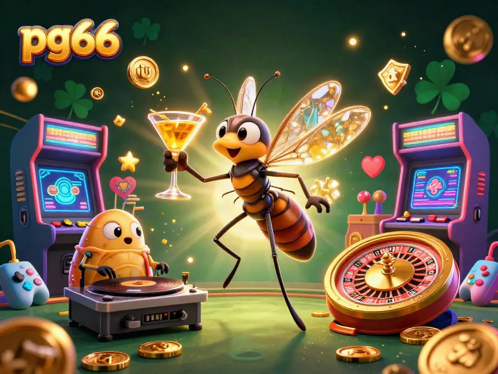 Engage with pg66 by enjoying a vibrant 3D casino scene featuring a mosquito mascot, DJ trilobite, and golden roulette wheel.