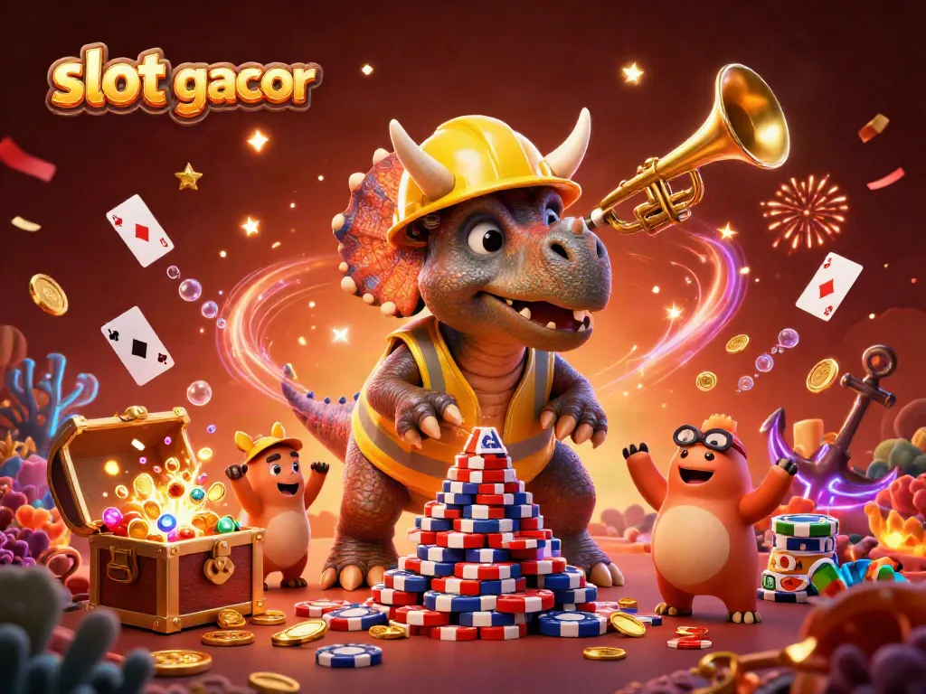 Slot gacor menampilkan triceratops membangun tumpukan chip poker di tengah suasana perayaan.