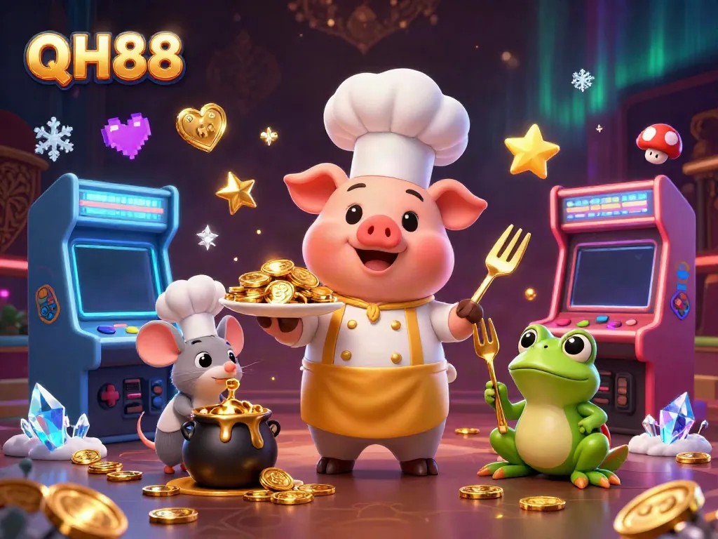 Experience the thrill of QH88 with a chef pig serving gold coins, surrounded by arcade game elements.