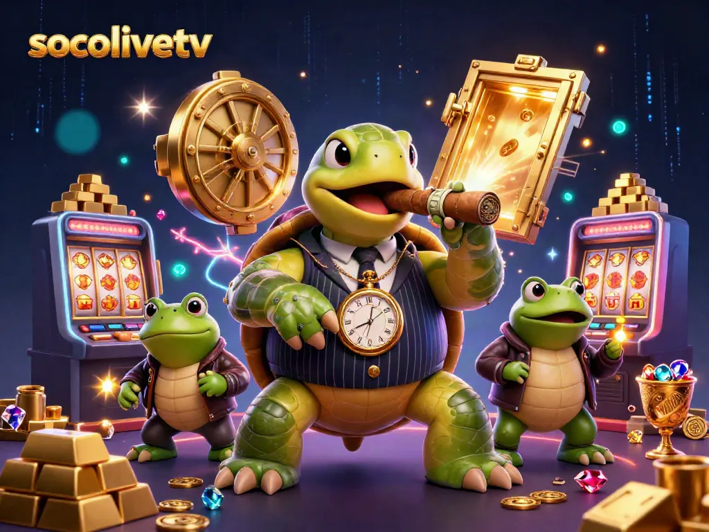 Engage with SocoliveTV's thrilling casino scene featuring a snapping turtle in a mobster suit amidst jackpot slots.
