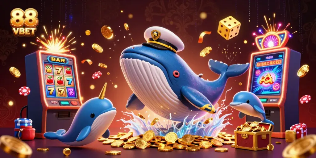Experience thrilling 88 VBET casino action with a whale captain, gold coins, and playful dolphins.