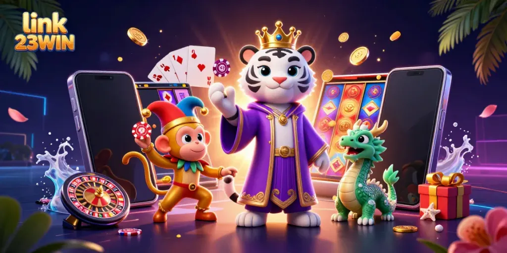 Engage with link 23WIN through a vibrant 3D illustration featuring a casino scene with a cartoon white tiger and thematic game elements.