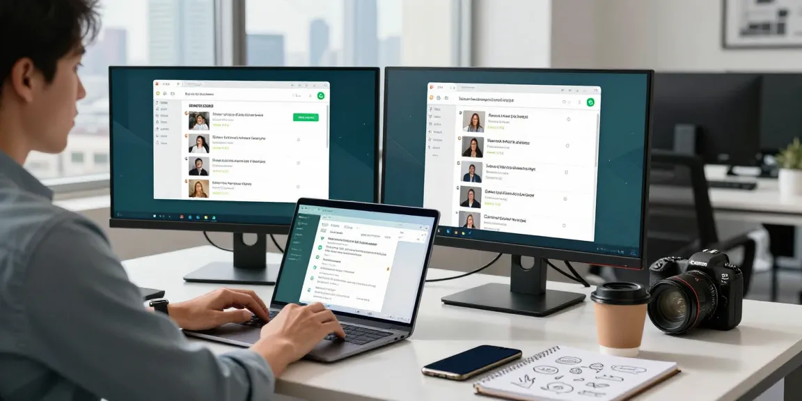 Professional using WhatsApp網頁版 on dual monitors in a modern office workspace.