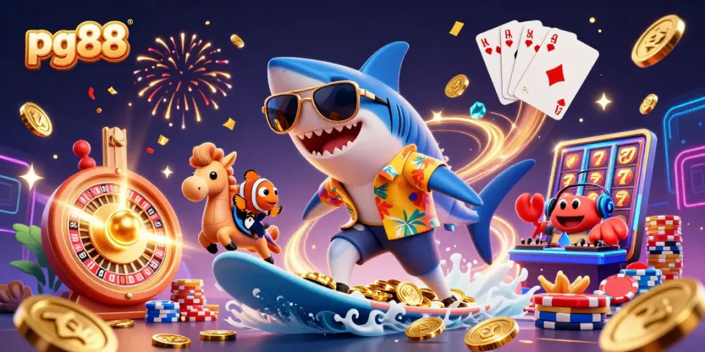 Surf the waves of excitement with pg88, featuring vibrant casino elements like gold coins and slot machines.