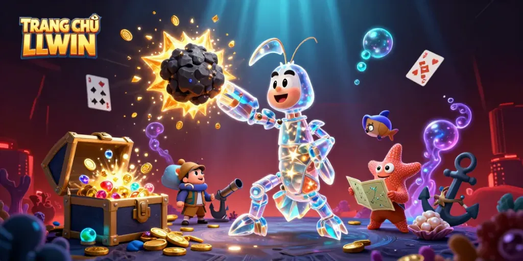 Engage in the exciting world of TRANG CHỦ LLWIN with our dynamic 3D illustration featuring a galactic samurai and treasures.