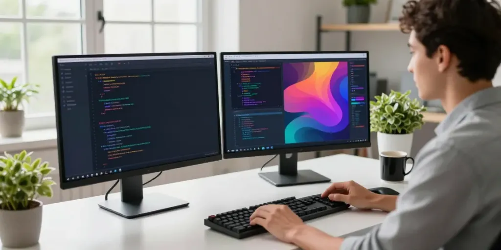 Developer engaged in instant indexing at a modern tech workspace, showcasing dual monitors and vibrant coding.