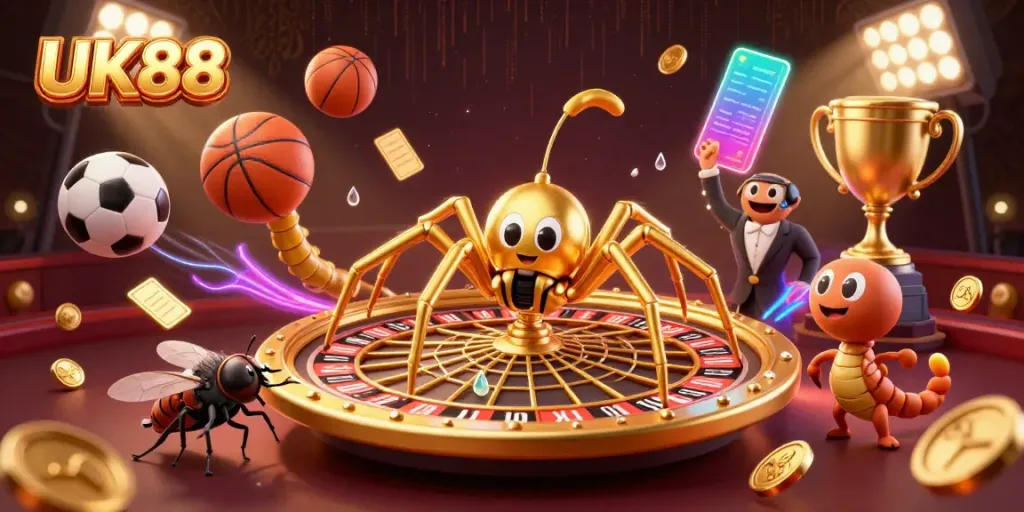 Experience the excitement of UK88 with a vibrant casino scene featuring a golden spider, sports elements, and dynamic betting action.