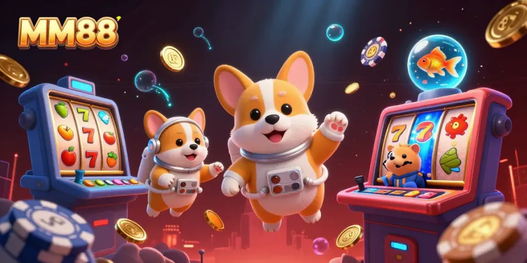 Experience MM88's vibrant casino adventures with a floating corgi, coins, and gaming elements.