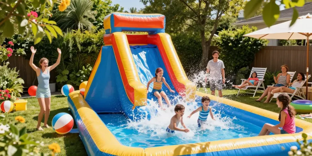 Children having fun on a water slide in a sunny backyard, creating splashes.