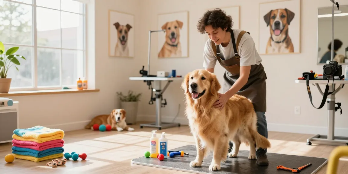 Dog grooming York - Professional groomer bathing a Golden Retriever in a cheerful salon setting.
