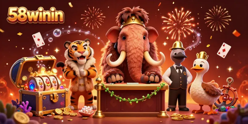 Engage with thrilling gameplay at 58winin, featuring a mammoth bouncer overseeing a lively casino scene.