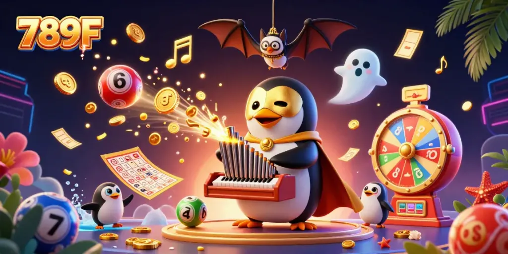 Experience the vibrant world of 789F with a 3D cartoon penguin playing for golden coins amidst a festive casino atmosphere.