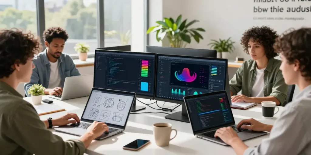 Collaborative scene of freelancers working together, showcasing the process to hire freelancers.