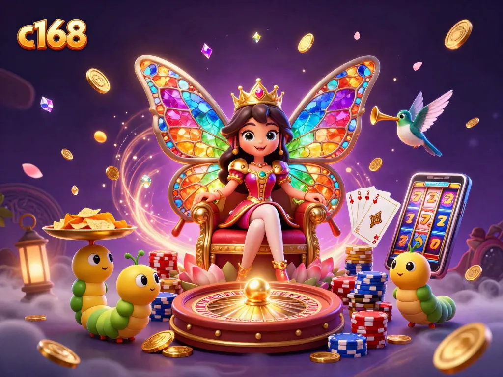 Experience c168 with a vibrant 3D scene of a butterfly queen in a colorful casino setting.