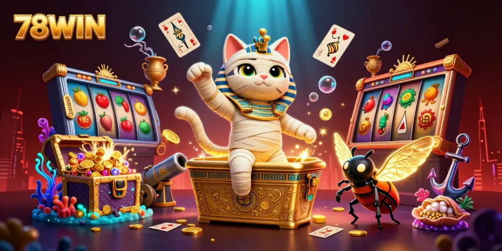 Engage in exciting gameplay at 78WIN with a dynamic casino scene featuring characters and vibrant gaming elements.