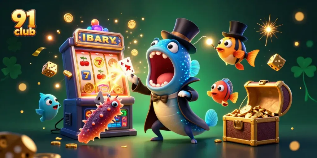 Engage with 91 club's enchanting online gaming experience featuring vibrant characters in a magical casino scene.