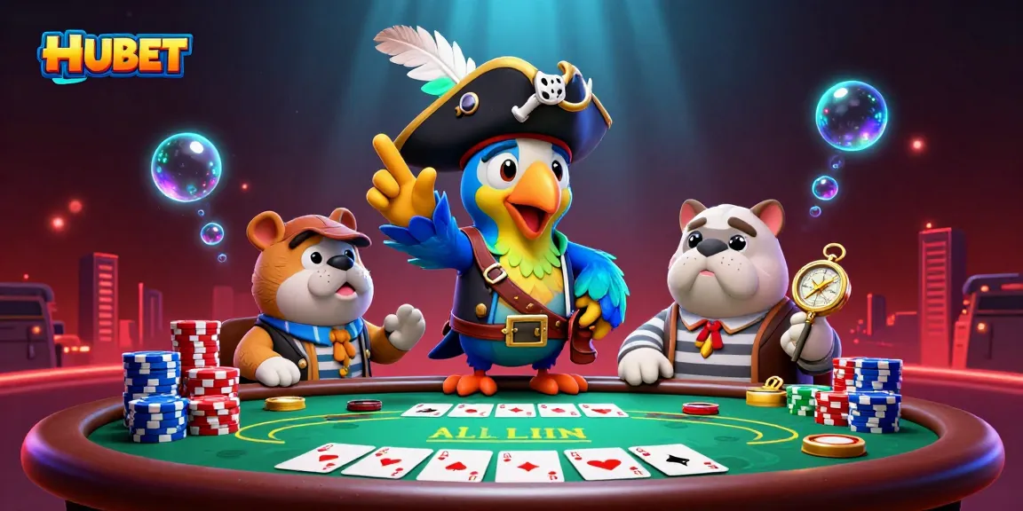 Join the pirate crew at HUBET as they command an exciting poker game surrounded by colorful chips and vibrant casino elements.