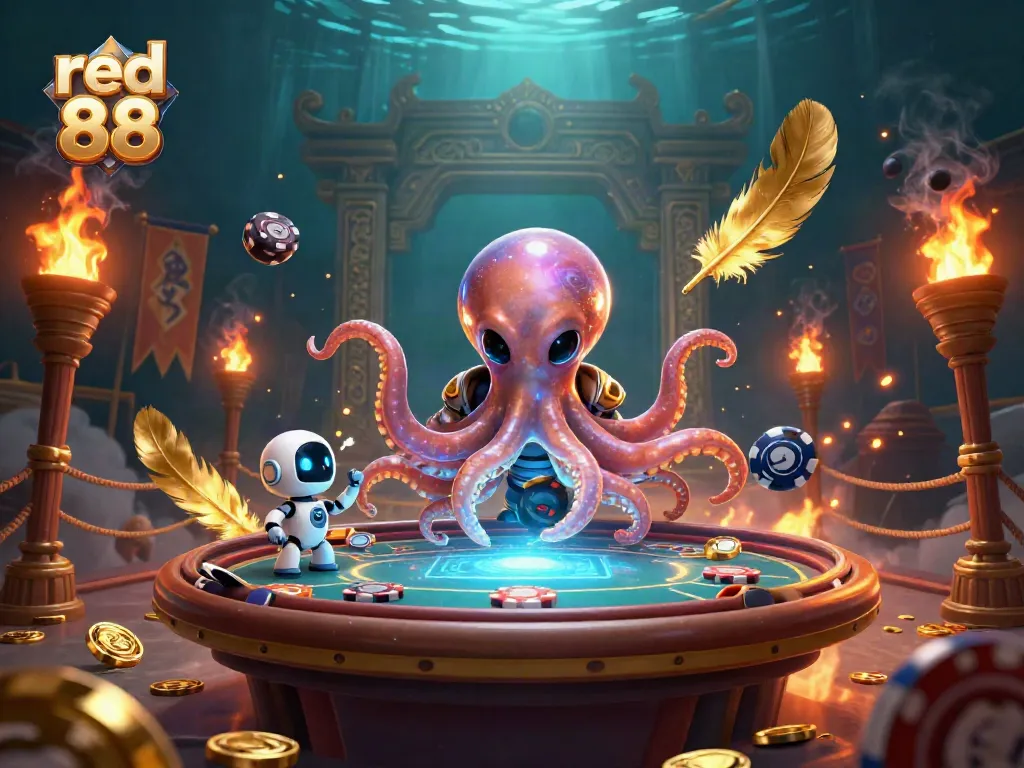 Engage in thrilling poker at red 88 with an alien octopus dealer in a vibrant cosmic setting.