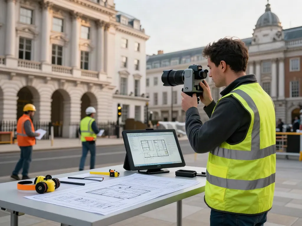 Measured Building Survey London scene with surveyor using modern technology.