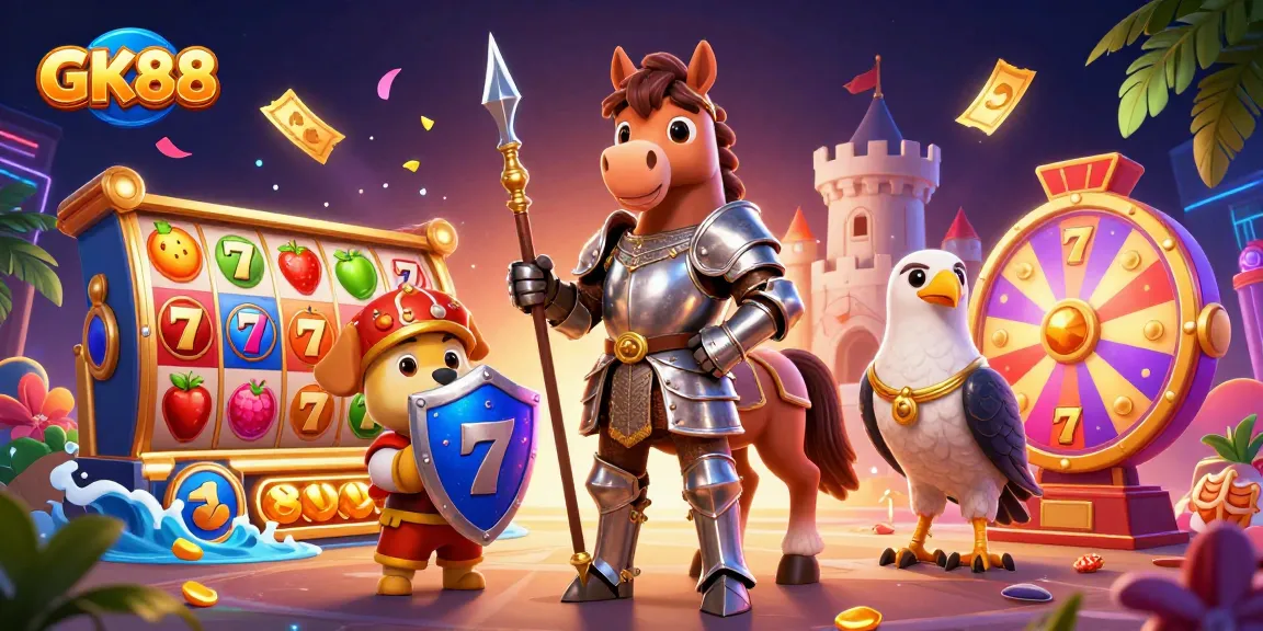 Experience thrilling wins at GK88 with vibrant slot reels and dynamic 3D characters.