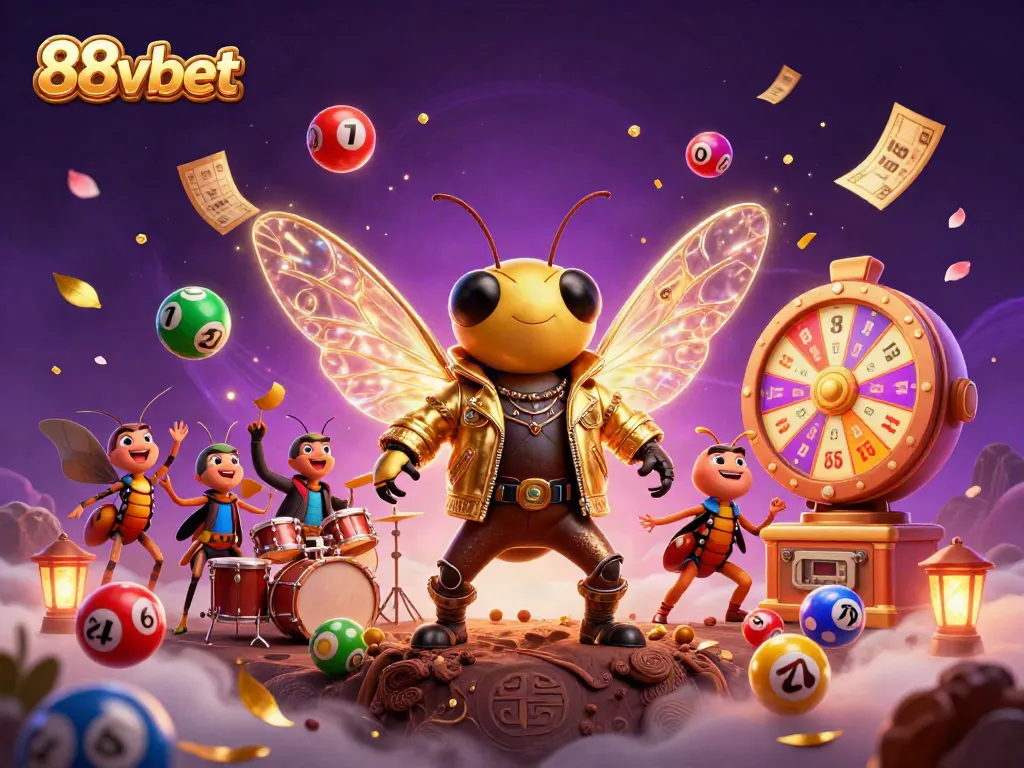 Win big with 88vbet in this vibrant casino-themed illustration featuring a rock star cicada.