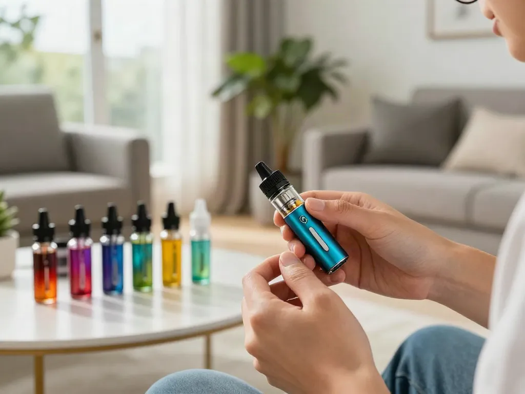 Demonstrating how to prime a vape coil with a stylish vaping setup in a modern living room.