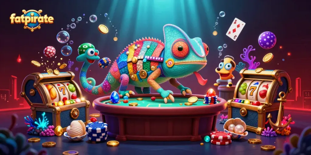 Play exciting fatpirate slots with vibrant 3D casino art featuring a colorful chameleon and gold treasures.