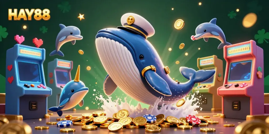 Engage in thrilling gaming adventures with HAY88 amidst playful sea creatures and casino excitement.