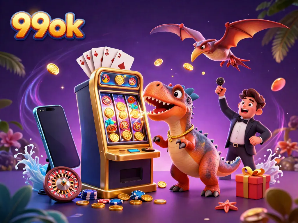 Watch 99ok's pachycephalosaurus hitting a golden slot machine for a jackpot with casino manager and coins flying.