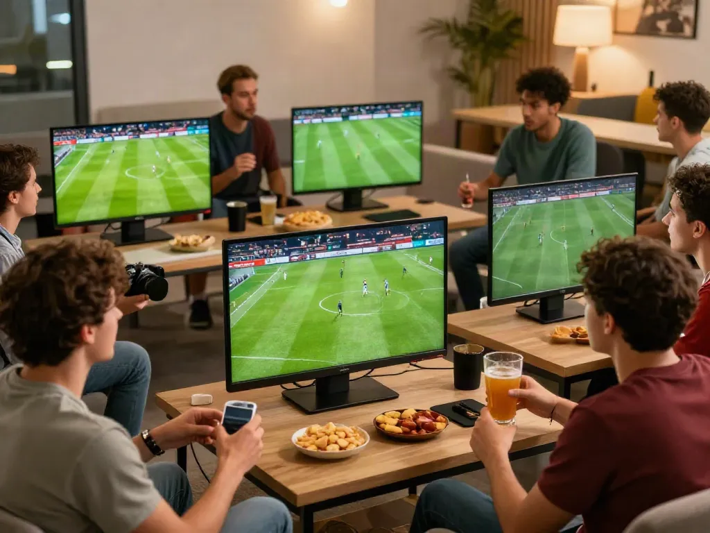 Fans enjoying Gavangtv live football streaming in an energetic lounge.