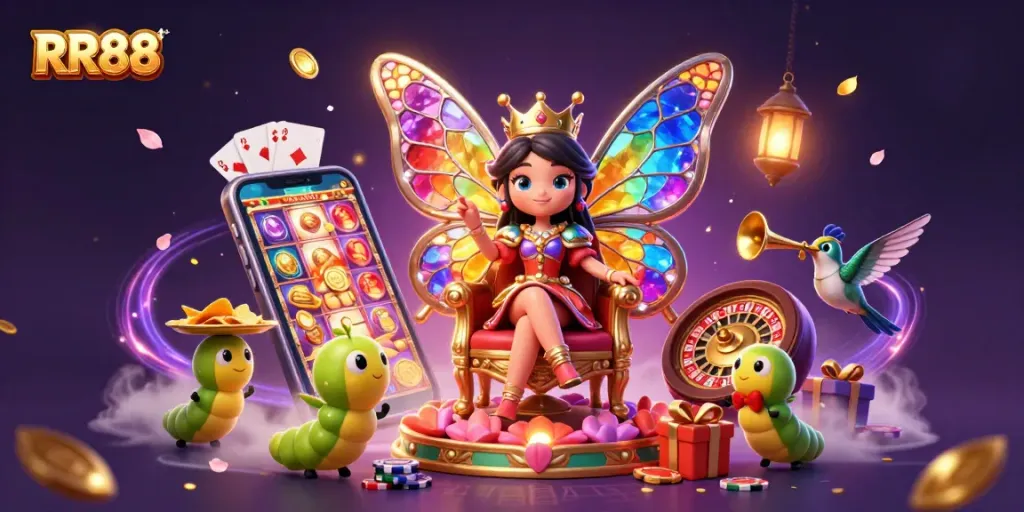 Engage in thrilling slot games at RR88 with a vibrant 3D digital illustration of a casino-themed scene.