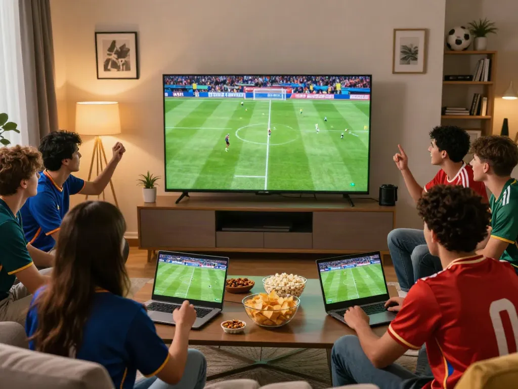 Xoilactv viewers enjoying a football match in a modern living room, showcasing excitement and camaraderie.