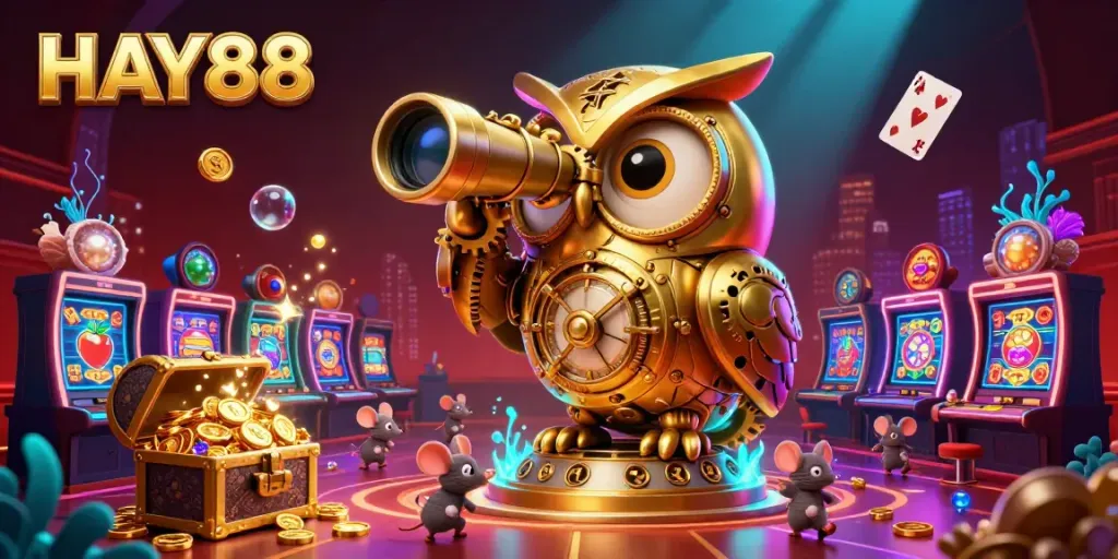 Experience the vibrant HAY88 casino atmosphere with a cartoon owl scanning the floor for hidden treasures.