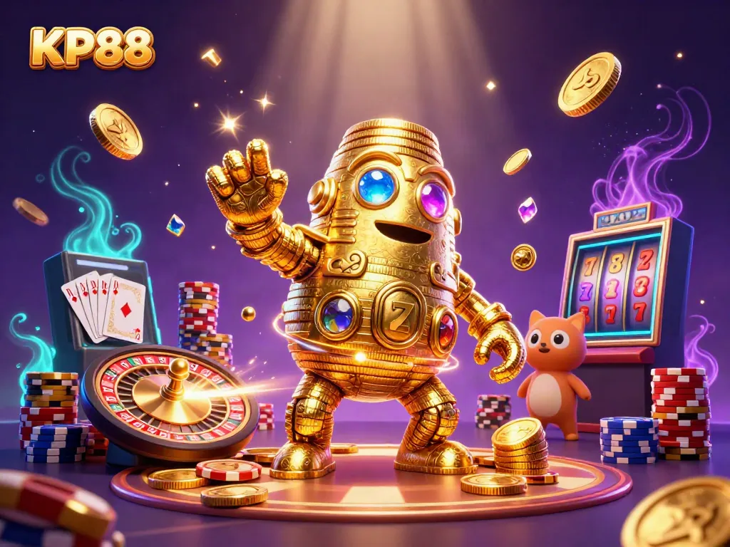 Experience thrilling gameplay at KP88 with vibrant 3D elements featuring golden golems and casino symbols.