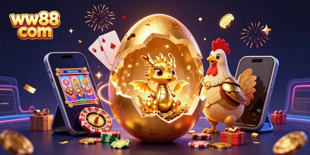 Join the excitement at ww88 com with a golden dragon and poker chips amid a vibrant casino scene