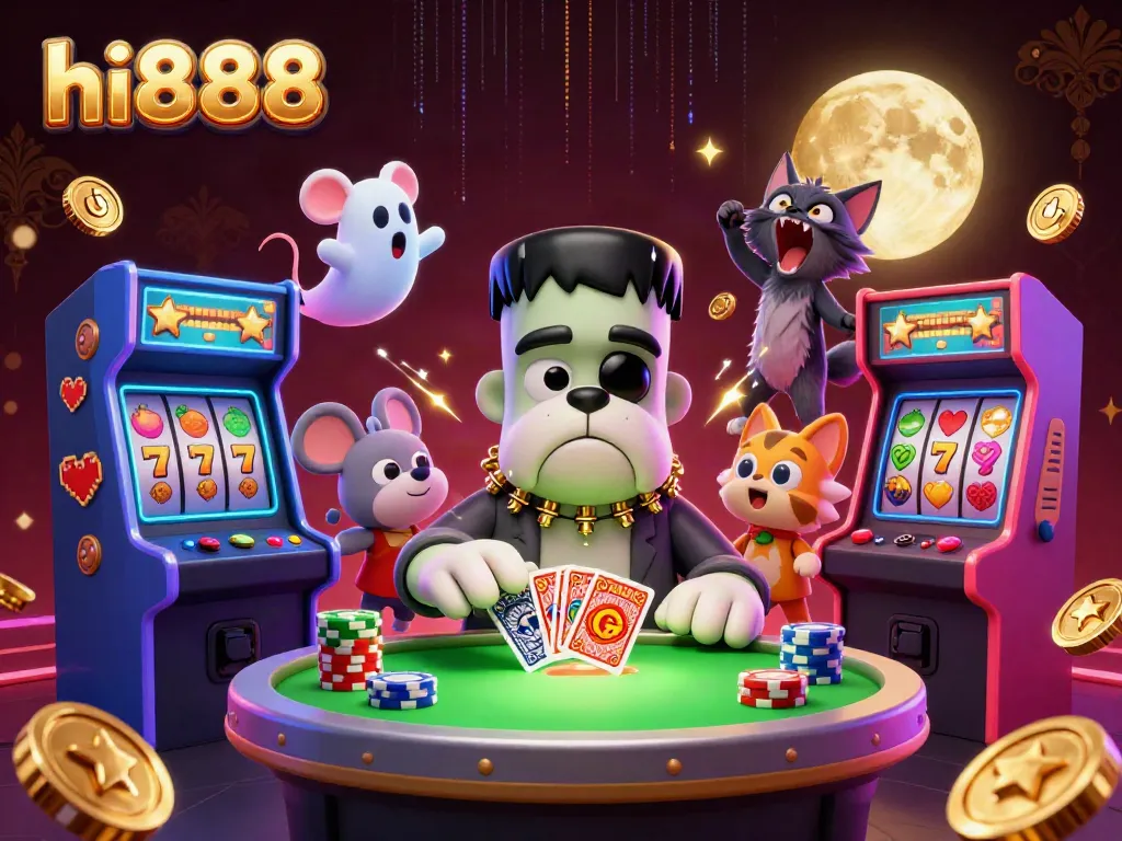 Experience hi888's thrilling casino atmosphere with a cartoon bulldog monster and vibrant game elements.