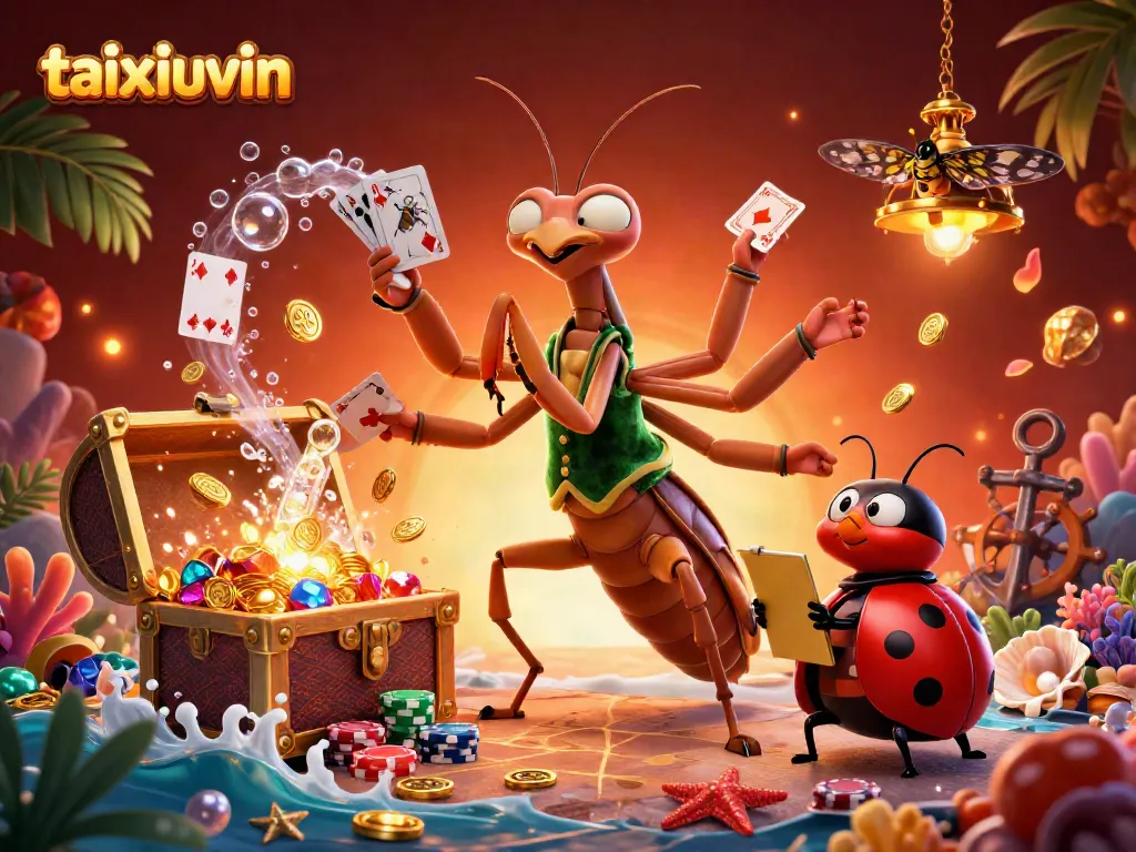 Engage with taixiuvin, featuring a mantis dealer amidst lively casino chaos.