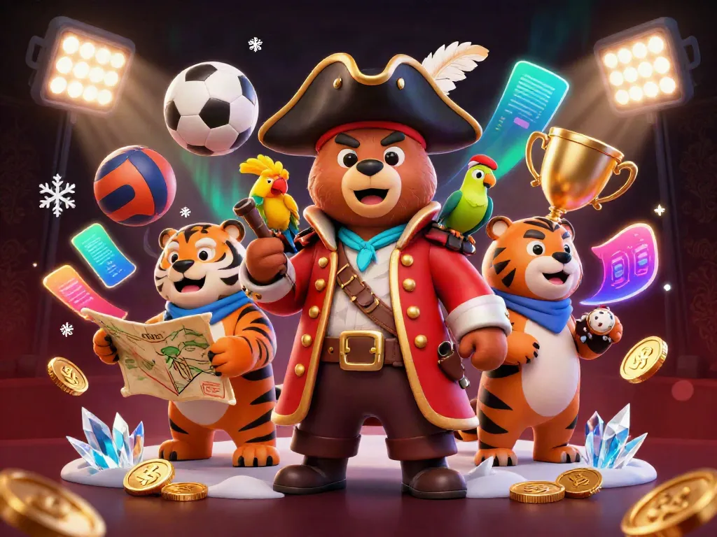 Engage with five88's vibrant gaming elements featuring a pirate bear, tiger, and parrot amidst sports action.