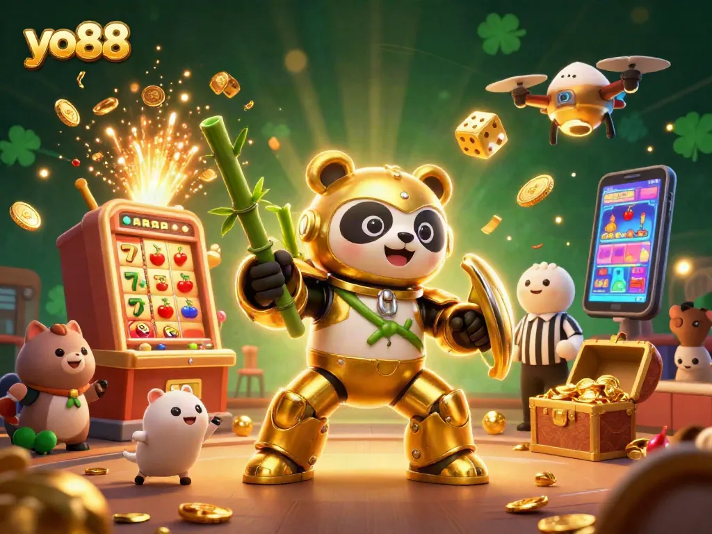 Engage in thrilling gameplay at yo88 with vibrant cartoon-style 3D illustration filled with exciting casino elements.