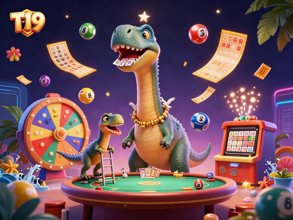 Engage in casino excitement with T19’s vibrant lottery scene featuring a playful brontosaurus and clever raptor.